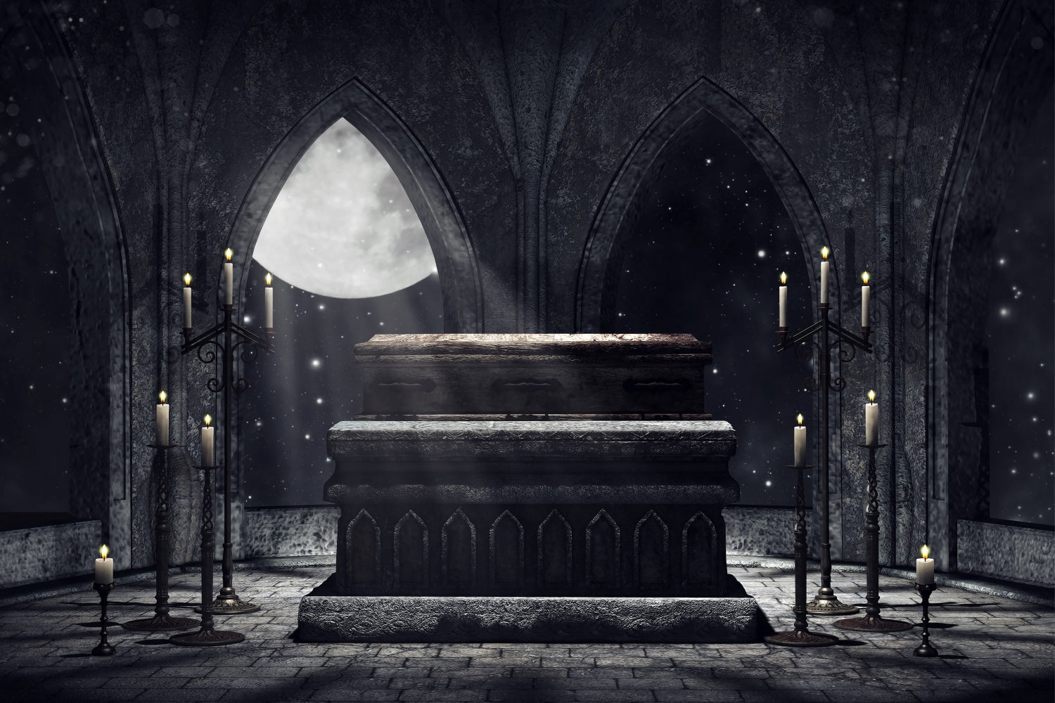 Coffin Backdrop Arched Window Moon Church Backdrop BRP12-695