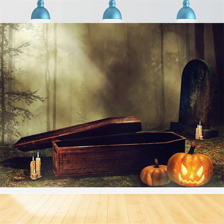 Coffin Backdrop Forest Graveyard Coffin Pumpkins Backdrop BRP12-696