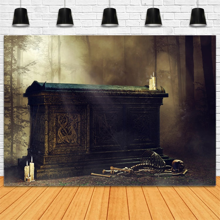 Coffin Backdrop Ancient Skeleton Candlelit Forest Backdrop BRP12-697