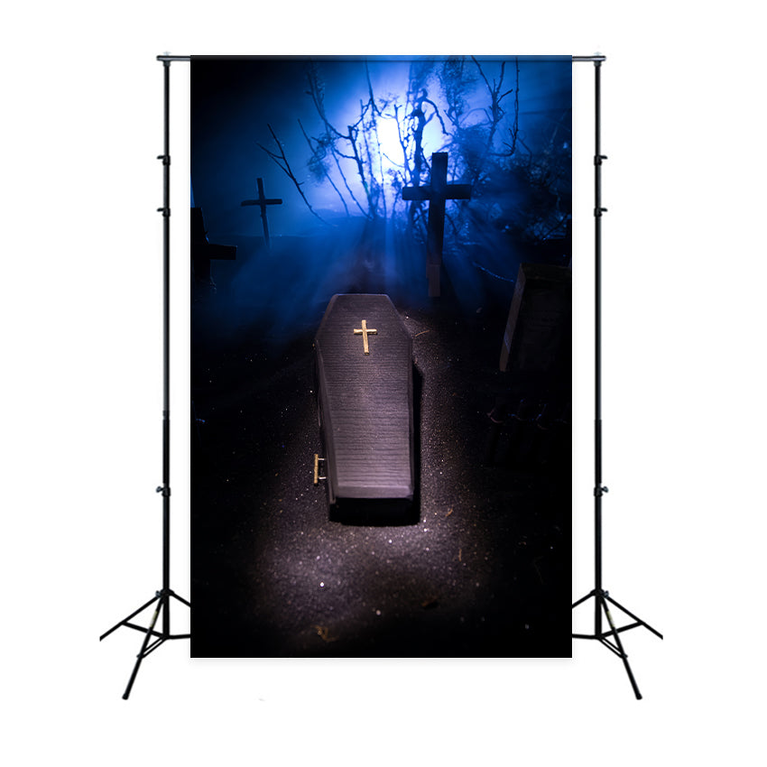 Coffin Backdrop Eerie Coffin Blue Light Graveyard Backdrop BRP12-698