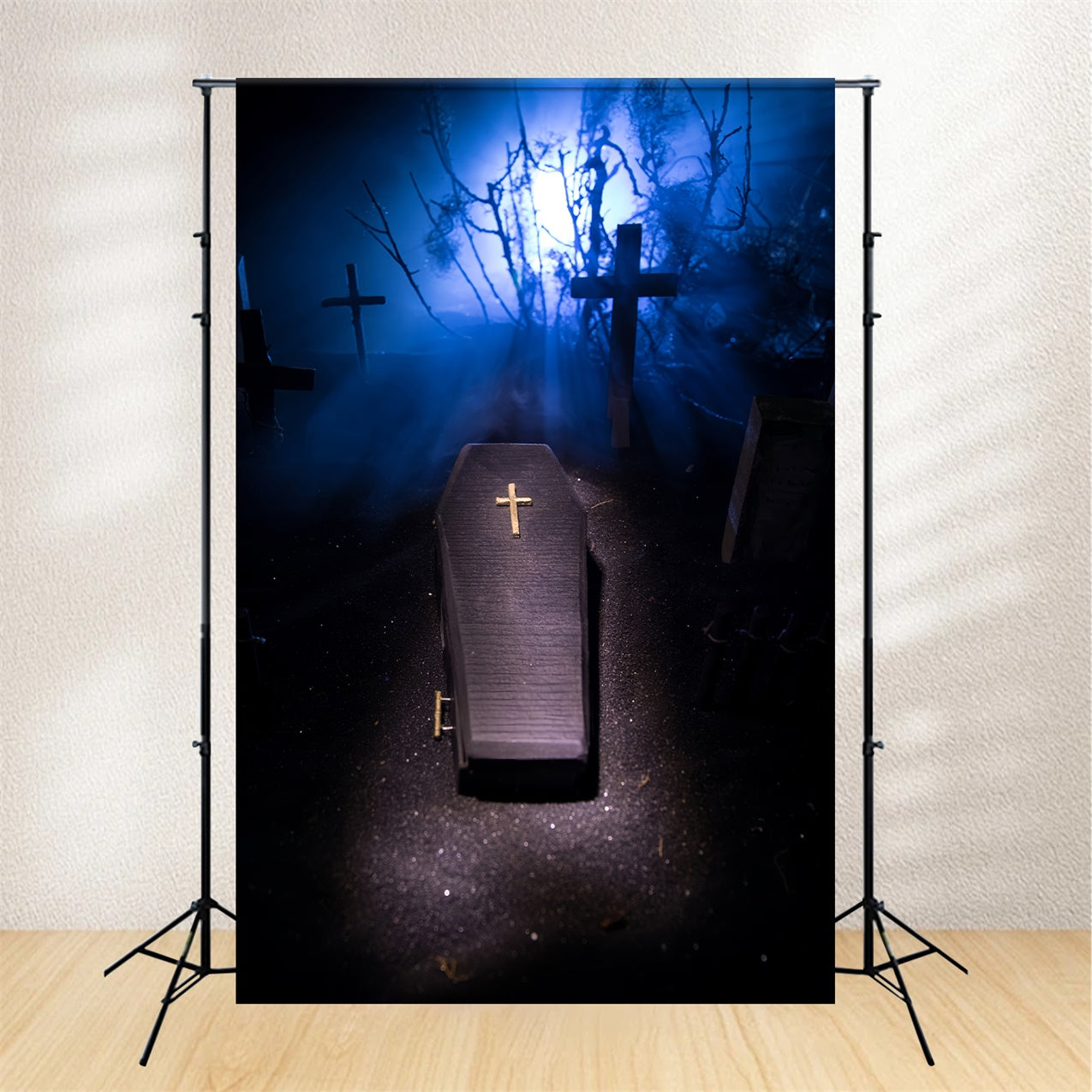 Coffin Backdrop Eerie Coffin Blue Light Graveyard Backdrop BRP12-698