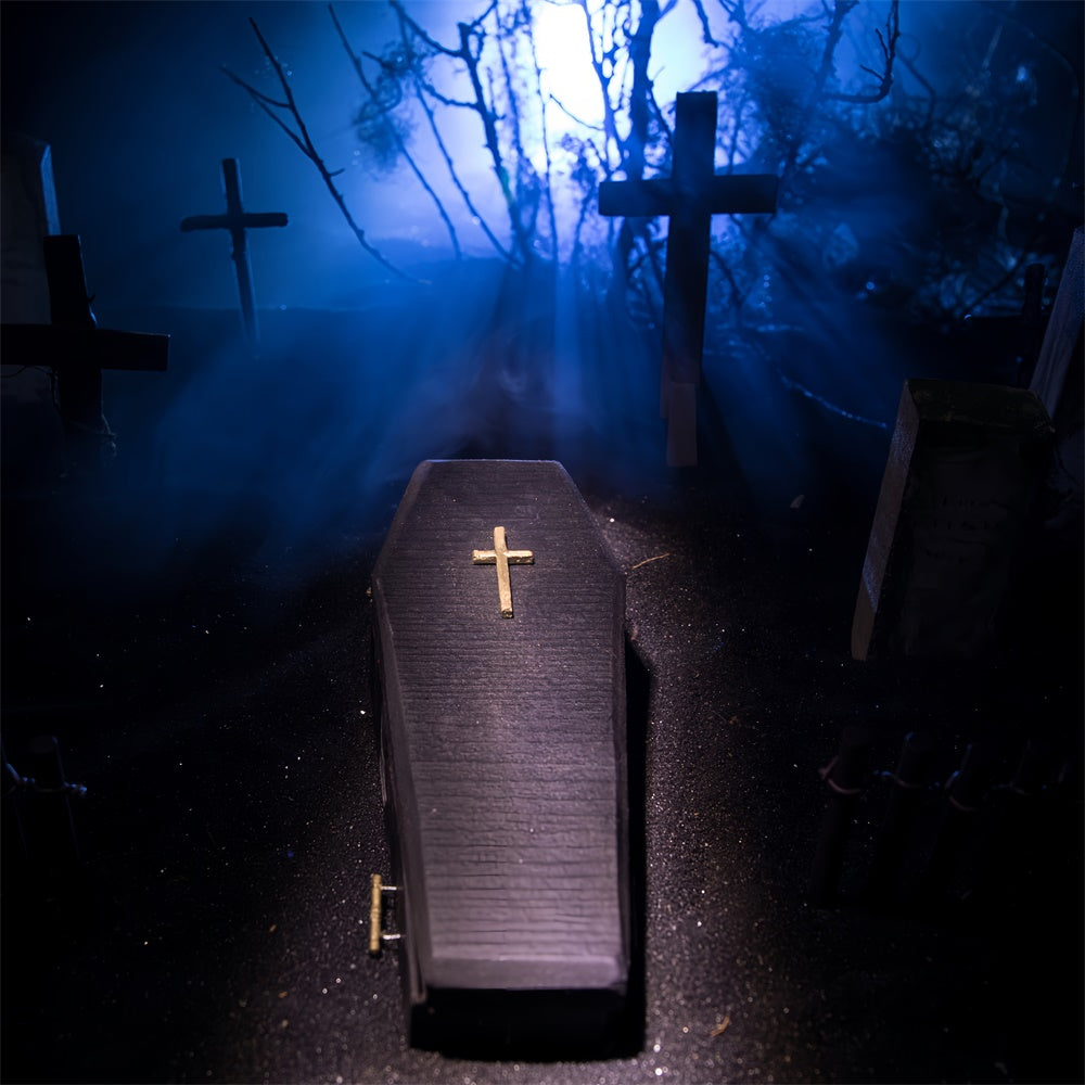 Coffin Backdrop Eerie Coffin Blue Light Graveyard Backdrop BRP12-698