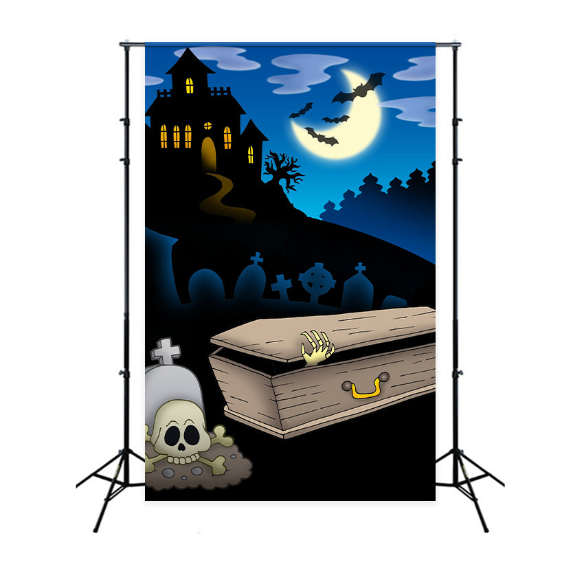 Coffin Backdrop Spooky Graveyard Cartoon Skull Backdrop BRP12-699