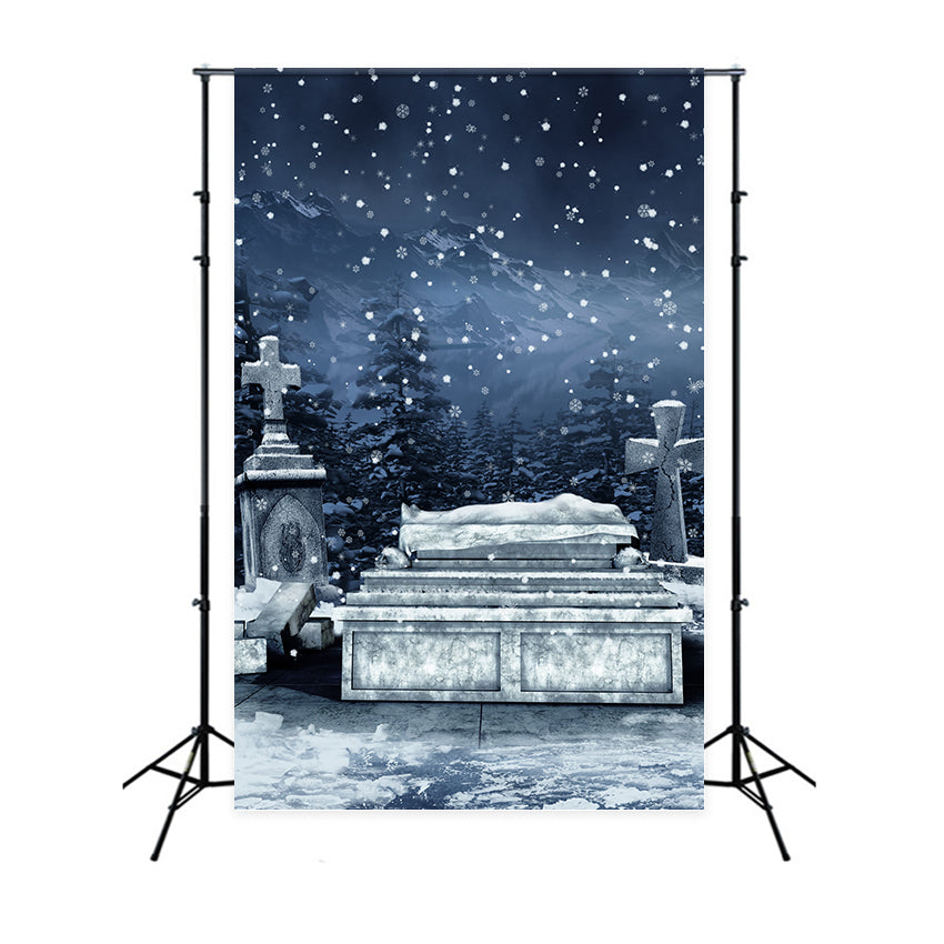 Coffin Backdrop Snowy Cemetery Falling Snowflakes Backdrop BRP12-700