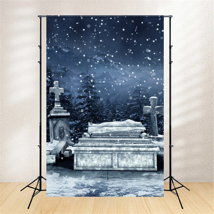 Coffin Backdrop Snowy Cemetery Falling Snowflakes Backdrop BRP12-700