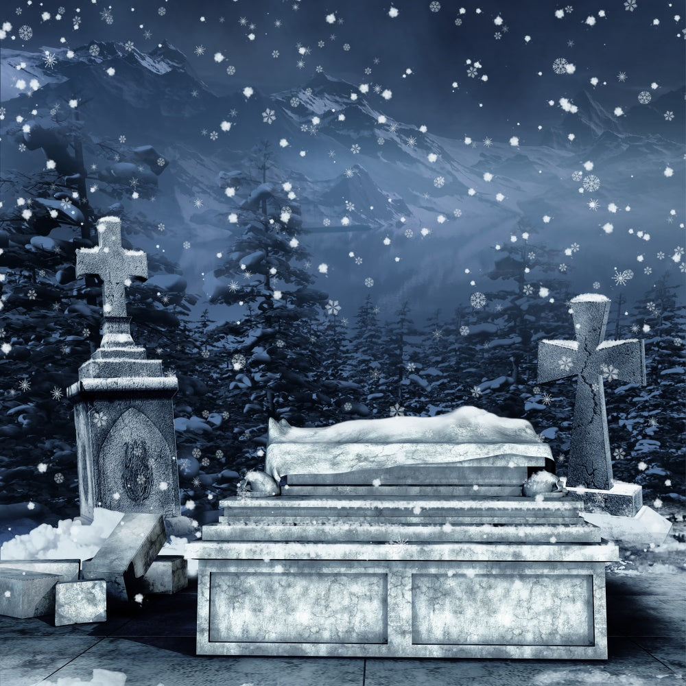 Coffin Backdrop Snowy Cemetery Falling Snowflakes Backdrop BRP12-700