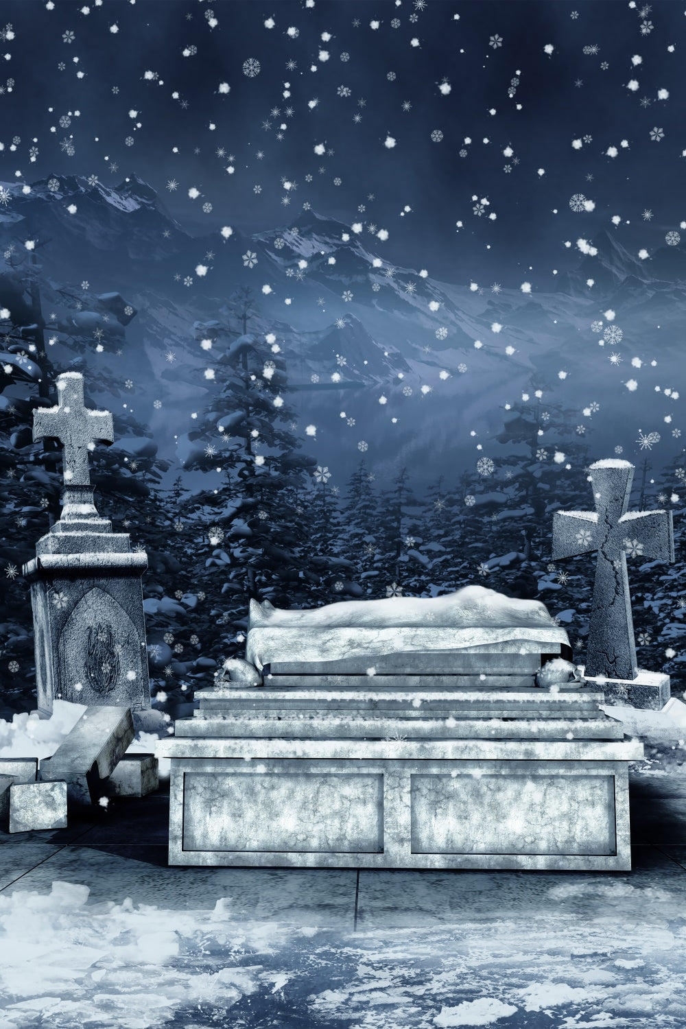 Coffin Backdrop Snowy Cemetery Falling Snowflakes Backdrop BRP12-700