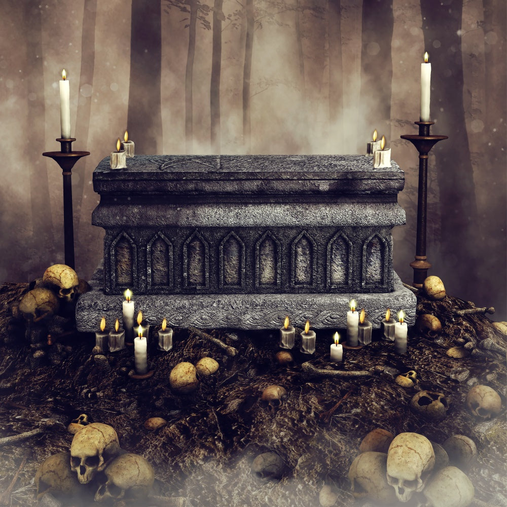 Coffin Backdrop Candlelit Gothic Forest Scene Backdrop BRP12-703