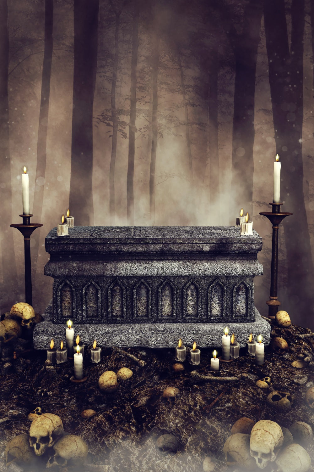 Coffin Backdrop Candlelit Gothic Forest Scene Backdrop BRP12-703