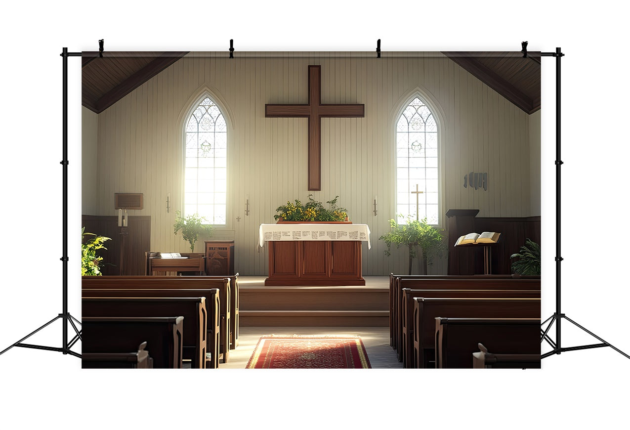 Church Wood Backdrops Wooden Altar Flowers Cross Backdrop BRP12-719