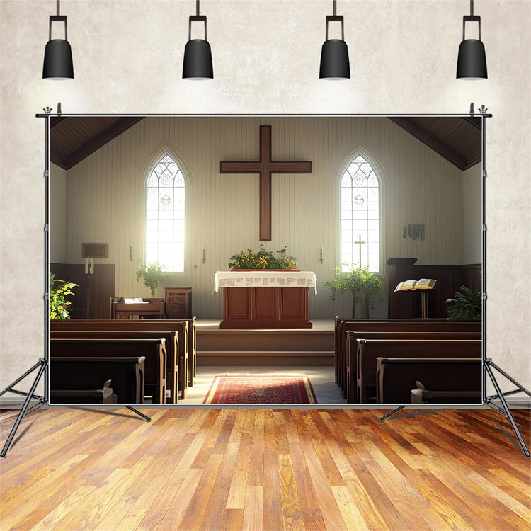 Church Wood Backdrops Wooden Altar Flowers Cross Backdrop BRP12-719