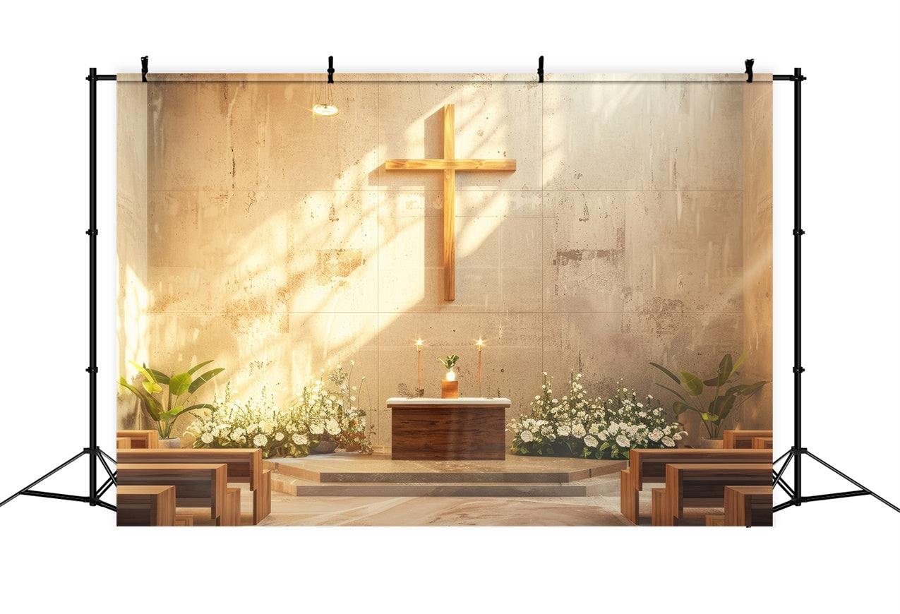 Church Backdrop Designs Sunlit Floral Golden Cross Backdrop BRP12-720