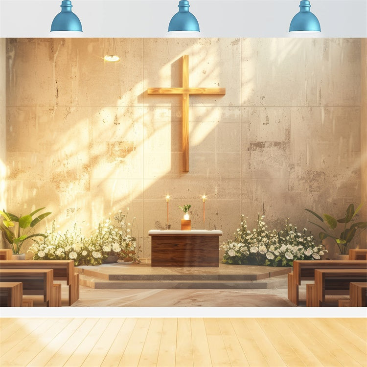 Church Backdrop Designs Sunlit Floral Golden Cross Backdrop BRP12-720