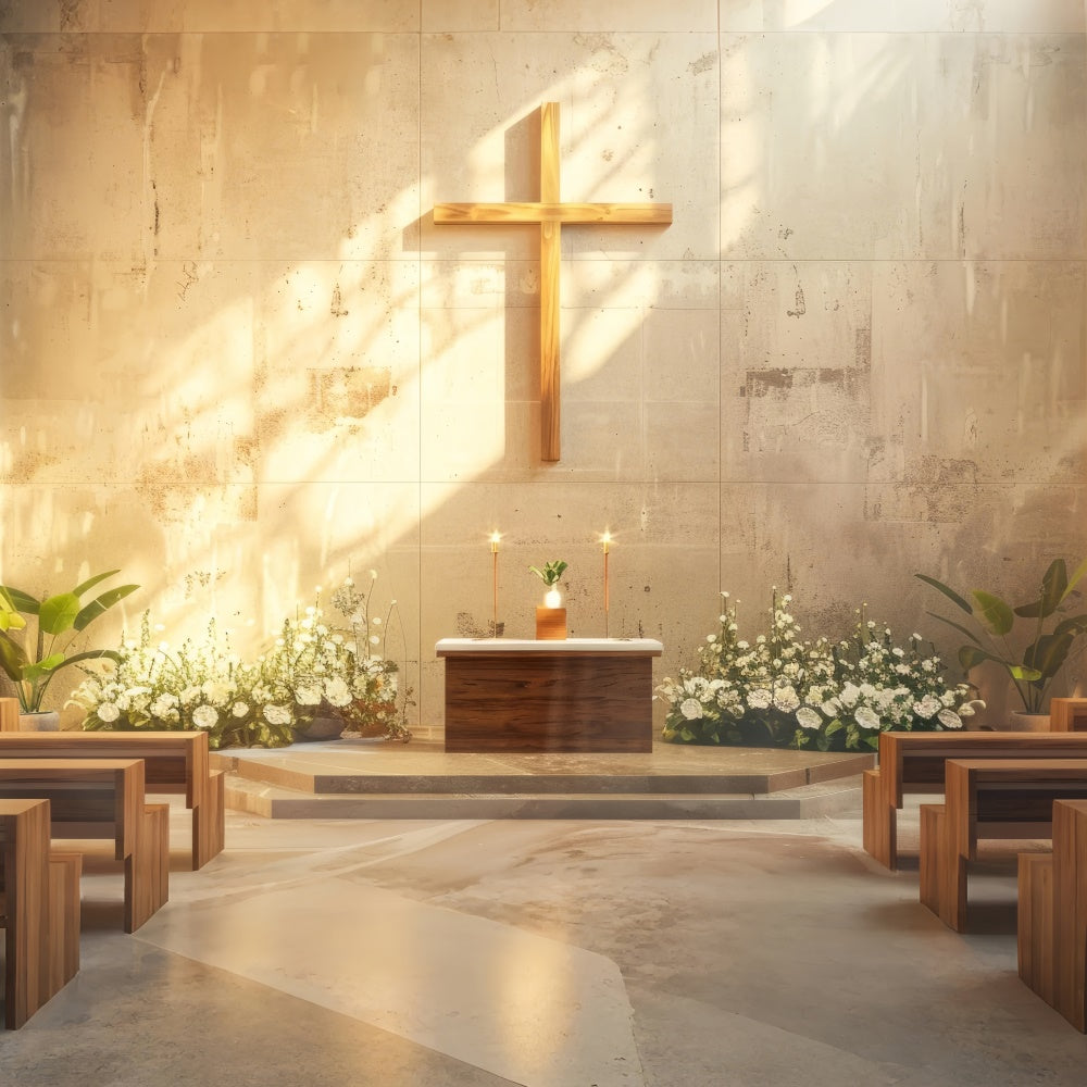 Church Backdrop Designs Sunlit Floral Golden Cross Backdrop BRP12-720