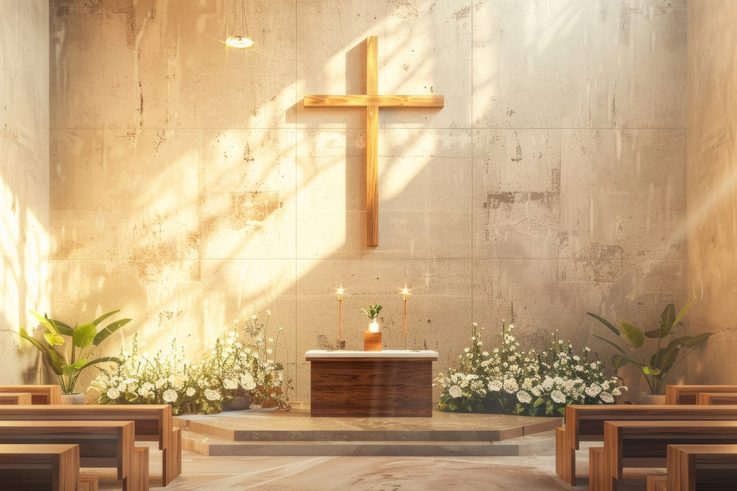 Church Backdrop Designs Sunlit Floral Golden Cross Backdrop BRP12-720