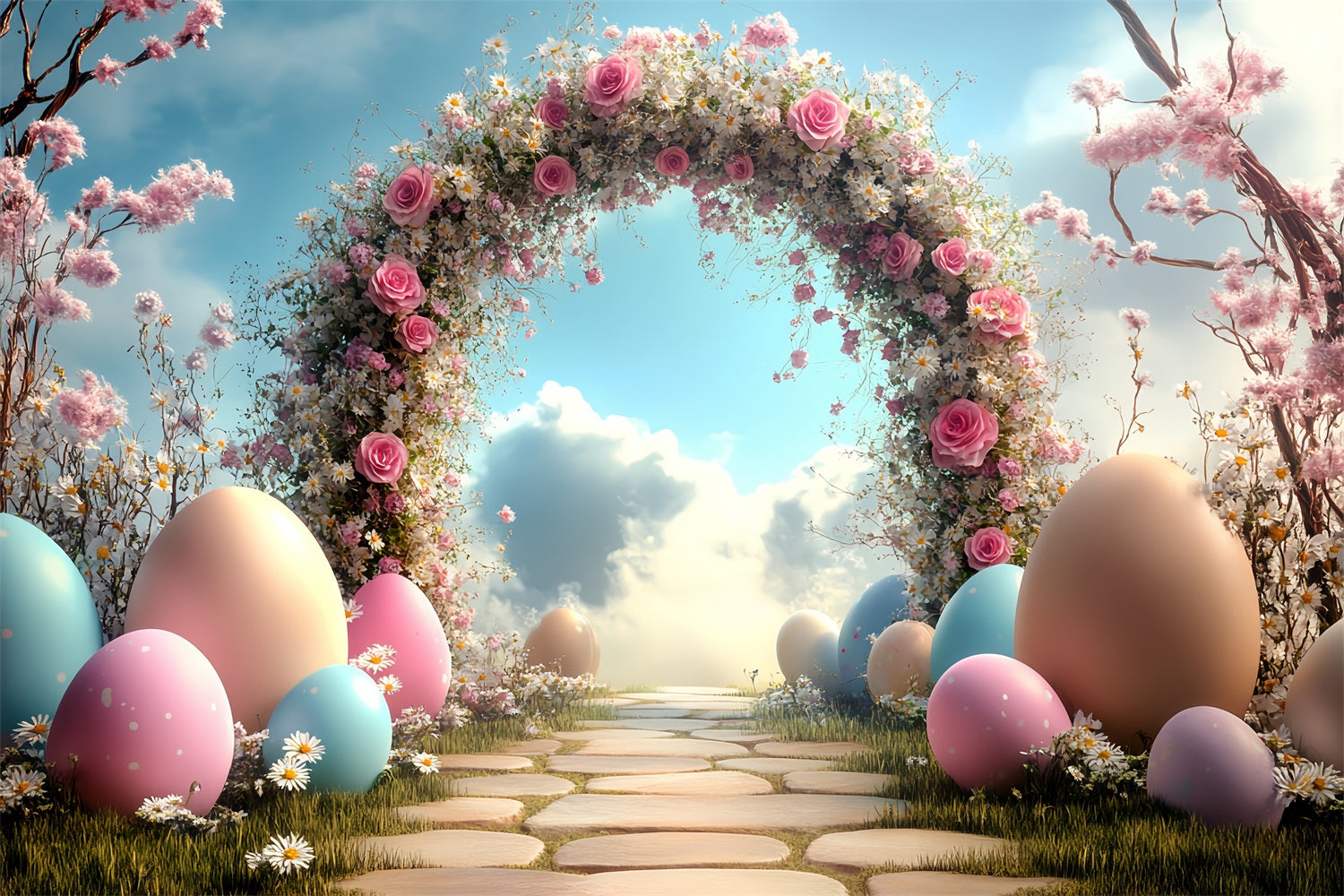 Easter Backdrops Ideas Pink Roses Daisies Egg Backdrop BRP12-722