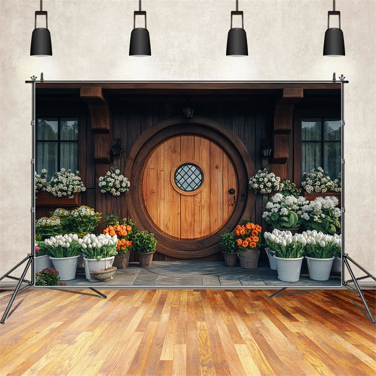 Backdrop Easter Rustic Round Wooden Door Floral Backdrop BRP12-727