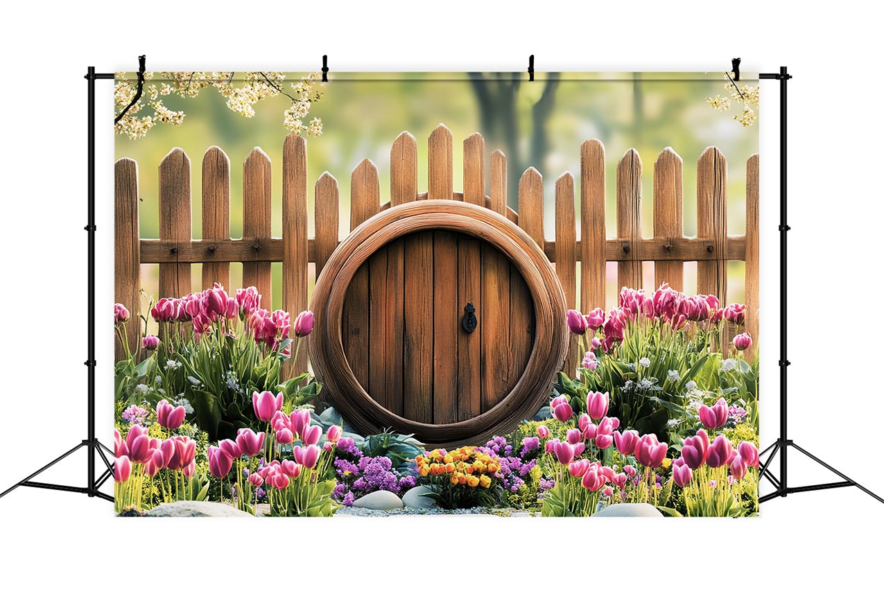 Photo Backdrops Easter Tulip Garden Rustic Fence Backdrop BRP12-729