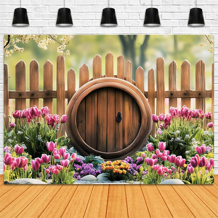 Photo Backdrops Easter Tulip Garden Rustic Fence Backdrop BRP12-729