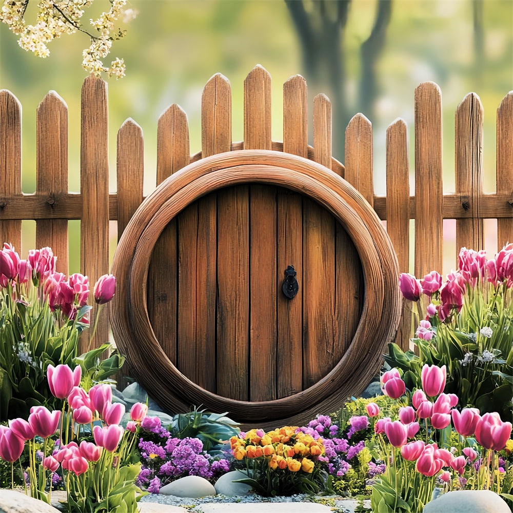 Photo Backdrops Easter Tulip Garden Rustic Fence Backdrop BRP12-729