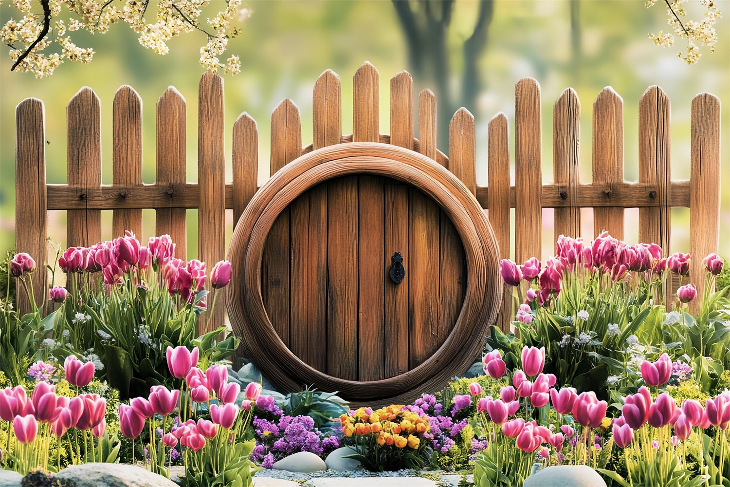 Photo Backdrops Easter Tulip Garden Rustic Fence Backdrop BRP12-729