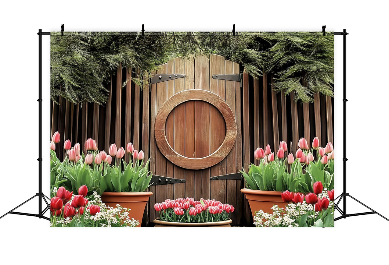 Easter Backdrops Wooden Circle Door Blooming Tulips Backdrop BRP12-730