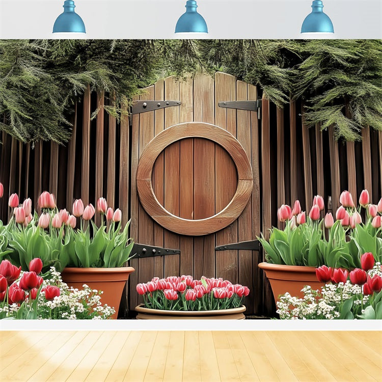 Easter Backdrops Wooden Circle Door Blooming Tulips Backdrop BRP12-730