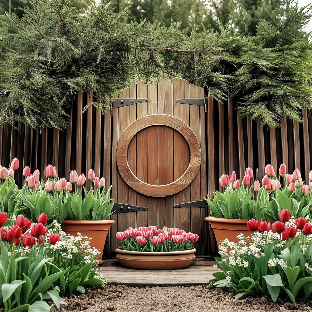 Easter Backdrops Wooden Circle Door Blooming Tulips Backdrop BRP12-730