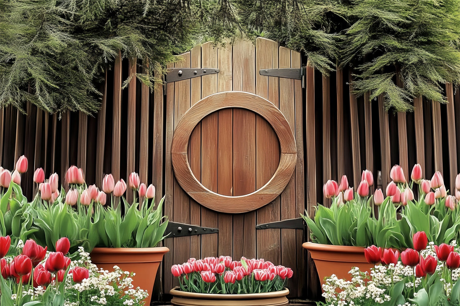 Easter Backdrops Wooden Circle Door Blooming Tulips Backdrop BRP12-730