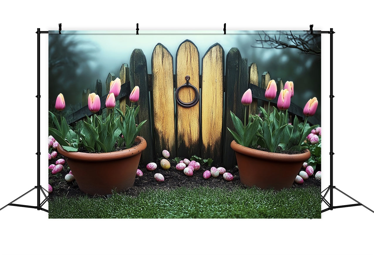 Easter Backdrop Rustic Garden Fence Pink Tulips Backdrop BRP12-731