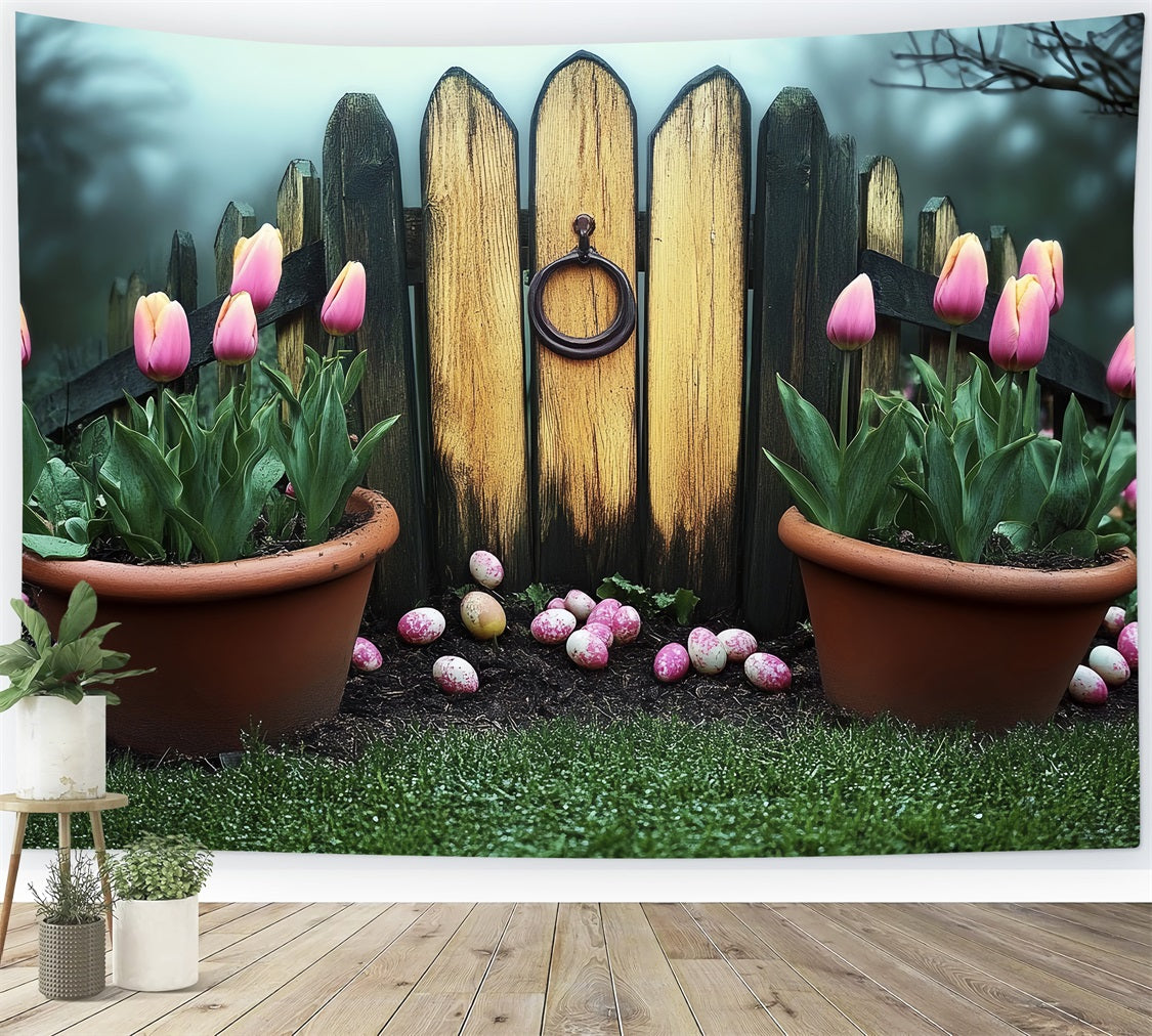 Easter Backdrop Rustic Garden Fence Pink Tulips Backdrop BRP12-731