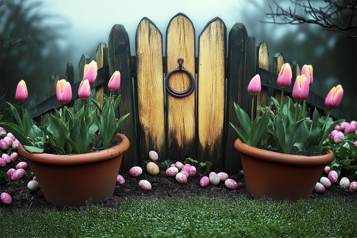 Easter Backdrop Rustic Garden Fence Pink Tulips Backdrop BRP12-731