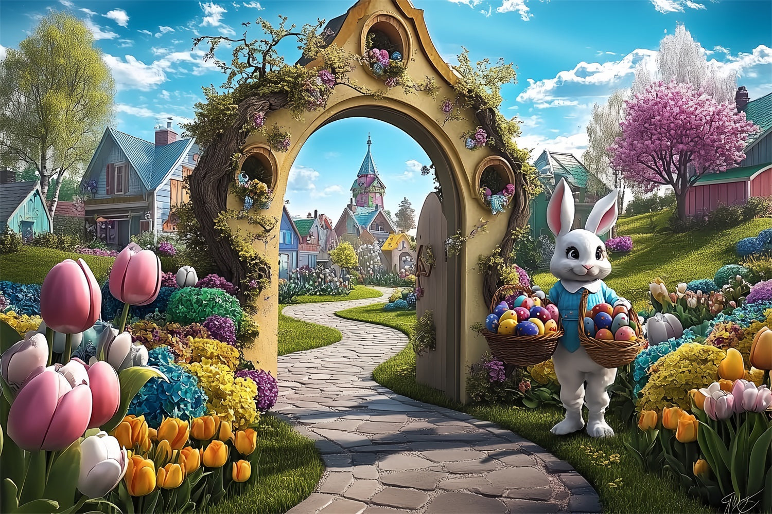 Easter Photo Backdrop Bunny Village Path Arch Backdrop BRP12-738