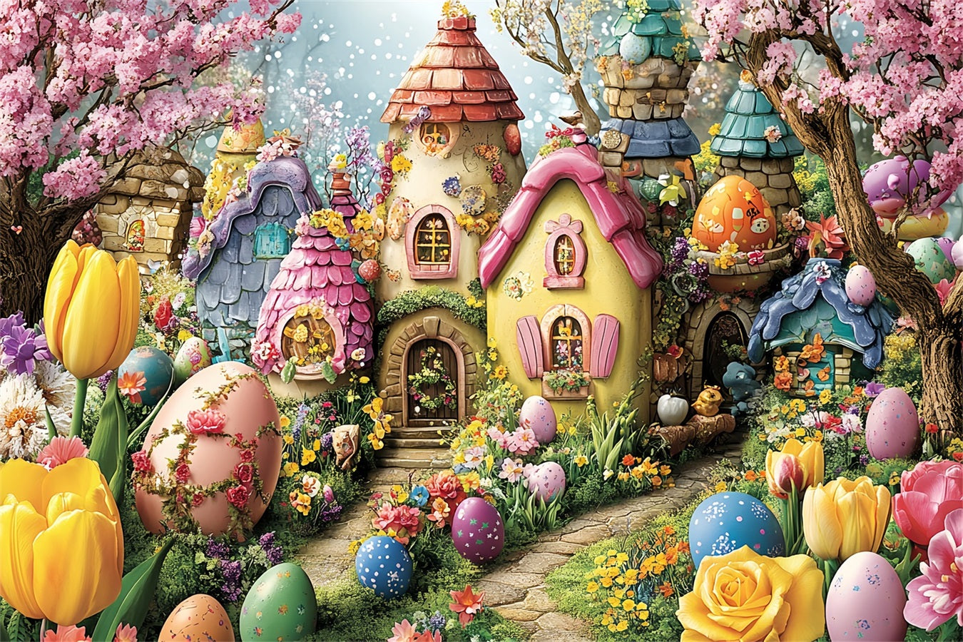 Easter Egg Backdrop Colorful Village Fairy Tale Backdrop BRP12-743