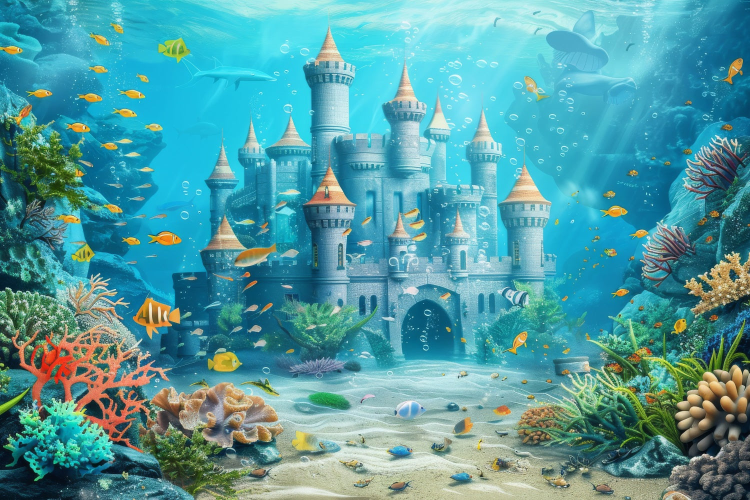 Mermaid Backdrop Diy Majestic Underwater Castle Fish Backdrop BRP12-75