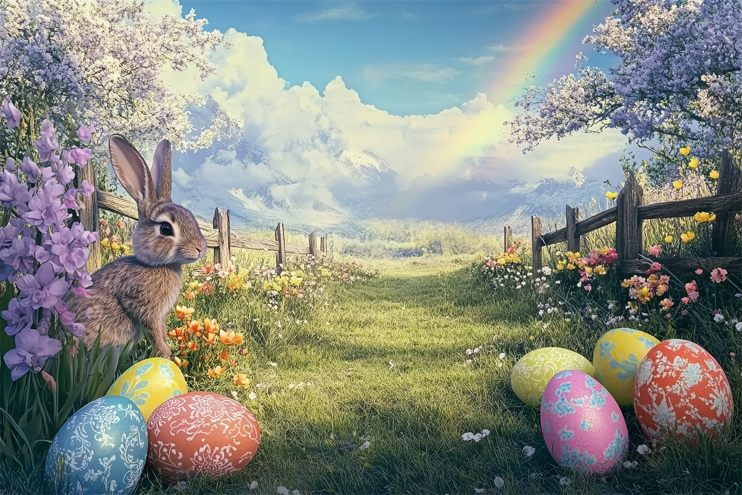 Easter Bunny Photo Backdrop Springtime Rainbow Egg Field Backdrop BRP12-754