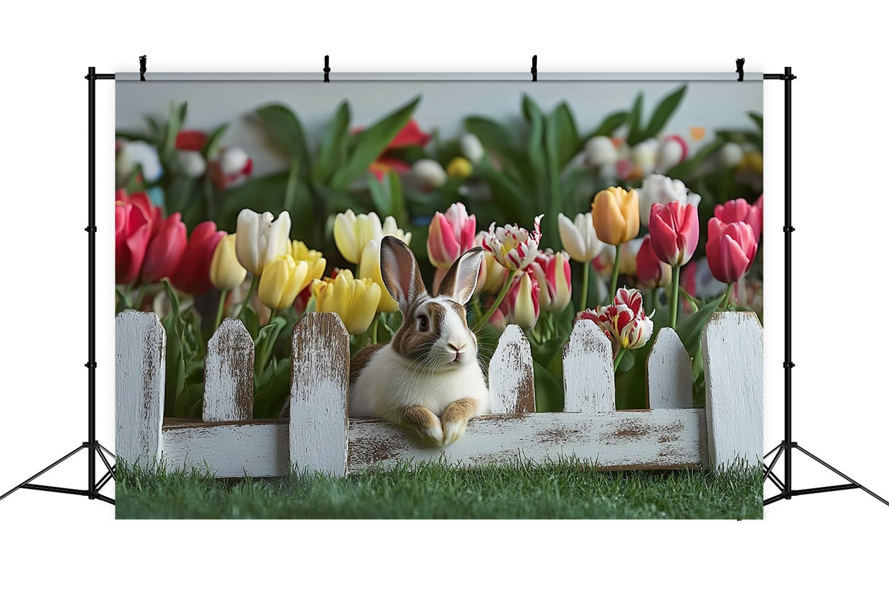 Simple Easter Backdrop Bunny Tulips Rustic Fence Backdrop BRP12-757