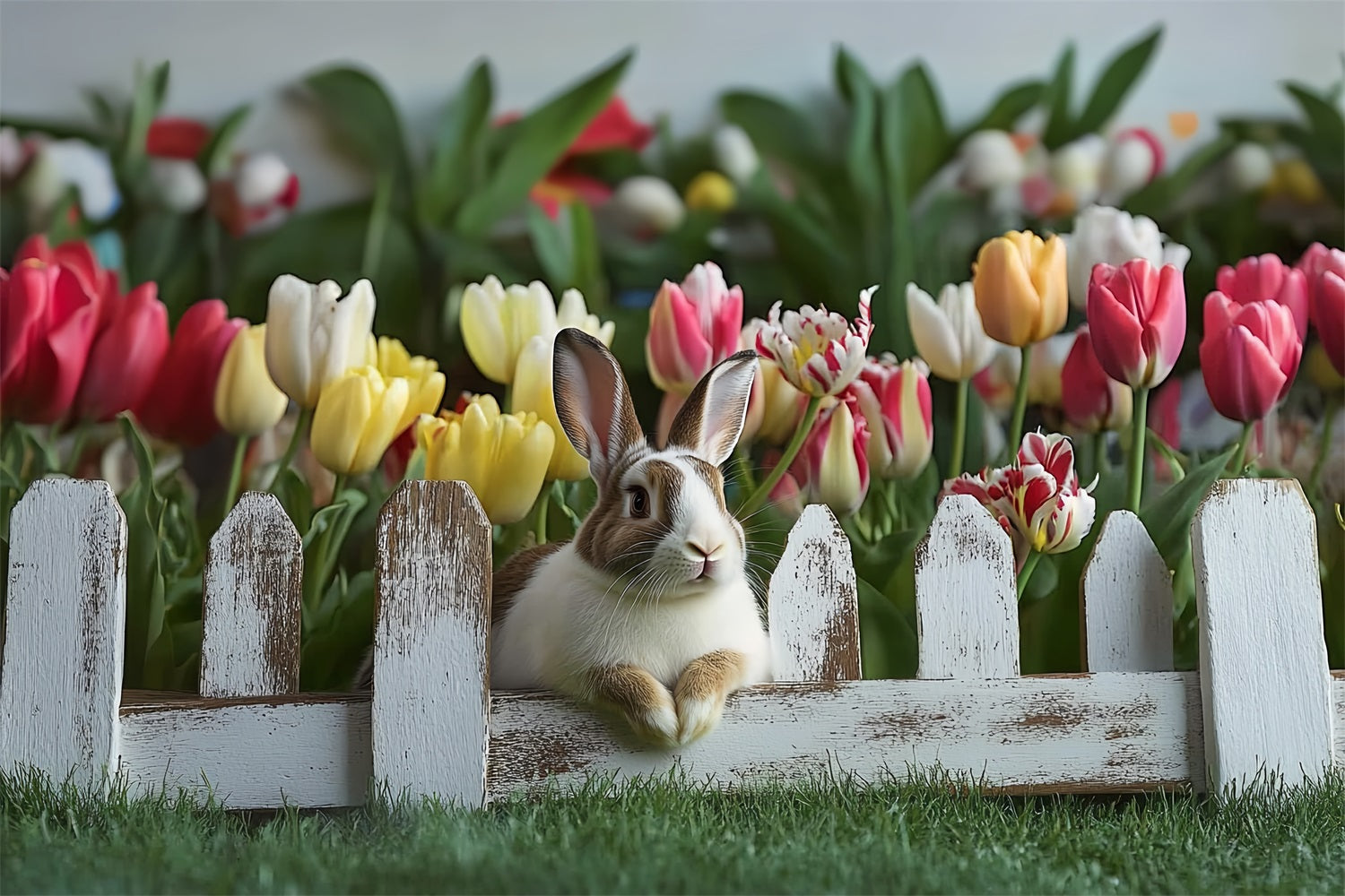 Simple Easter Backdrop Bunny Tulips Rustic Fence Backdrop BRP12-757