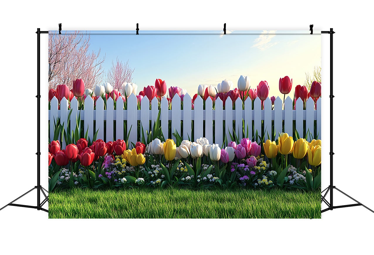 Photography Backdrop Easter White Fence Tulip Garden Backdrop BRP12-758