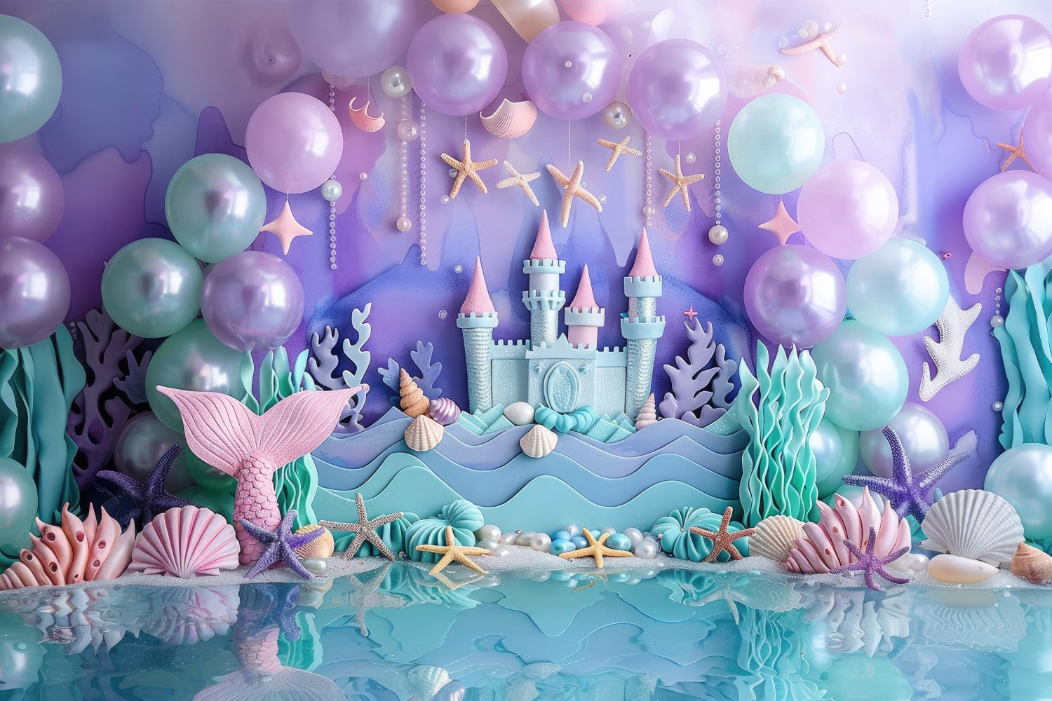 Mermaid Backdrops Purple Balloon Castle Party Backdrop BRP12-78