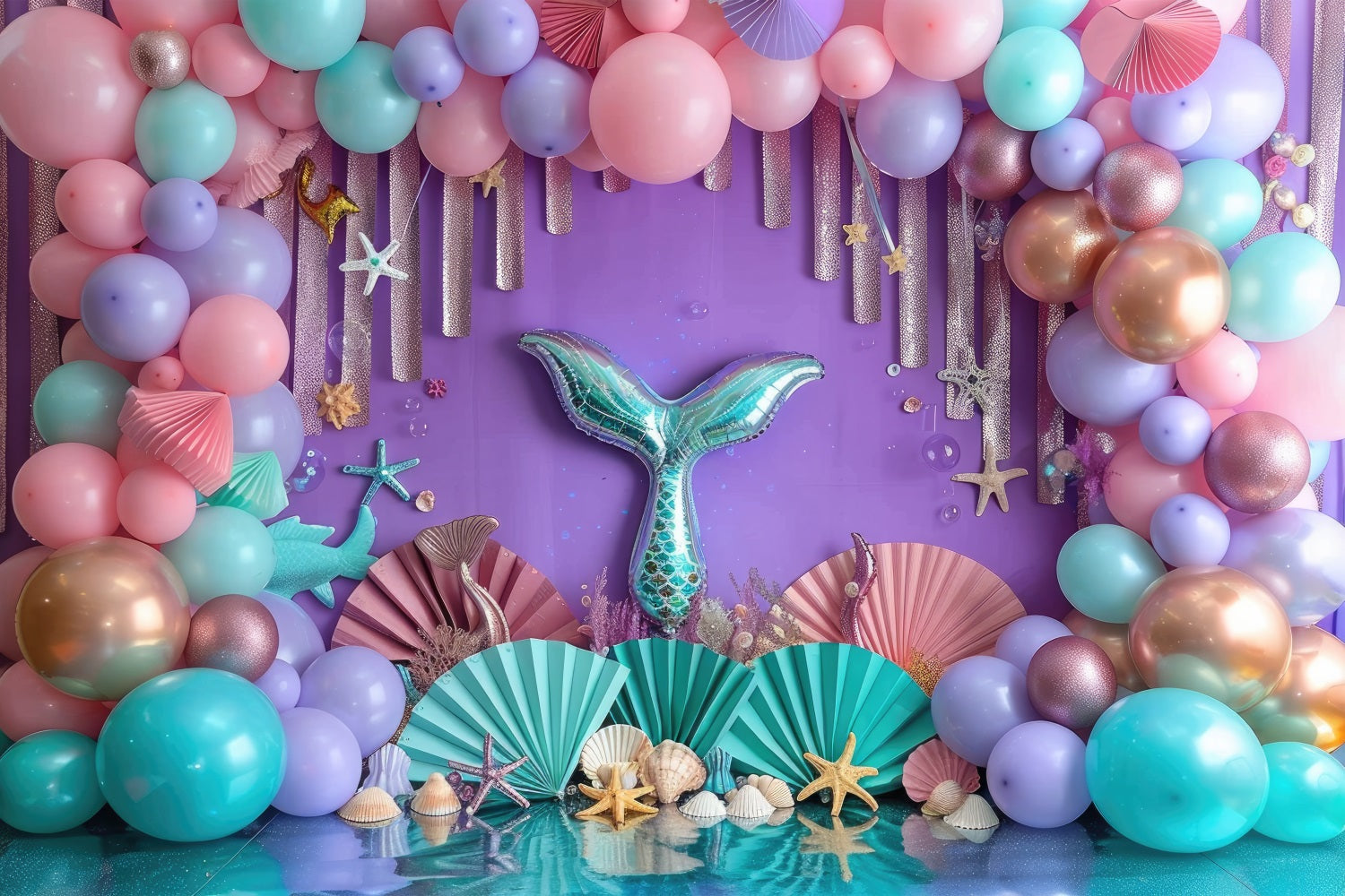 Little Mermaid Backdrop Colorful Balloons Arch Starfish Backdrop BRP12-85