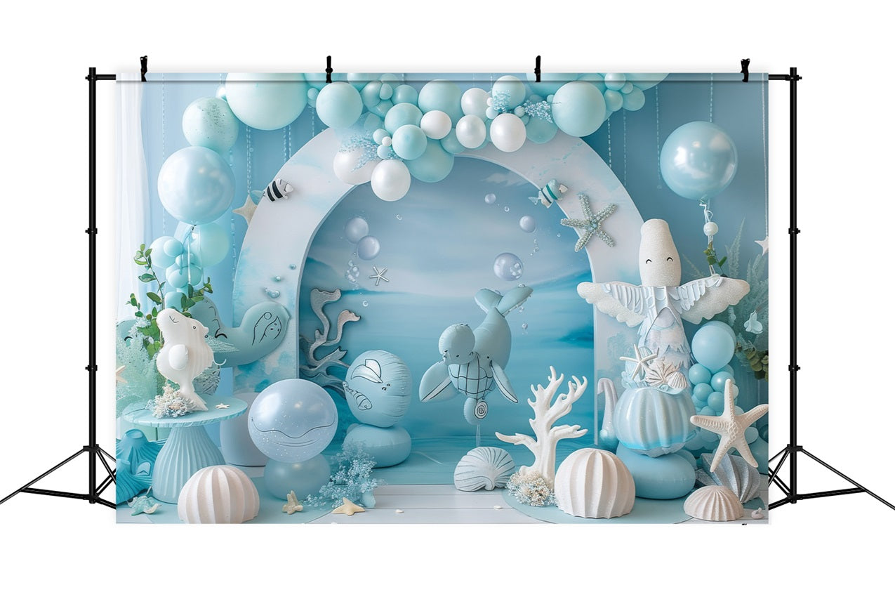 Mermaid Birthday Backdrop Oceanic Creatures Blue Balloon Backdrop BRP12-90