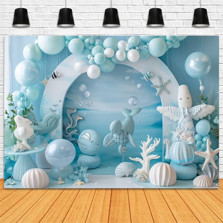 Mermaid Birthday Backdrop Oceanic Creatures Blue Balloon Backdrop BRP12-90