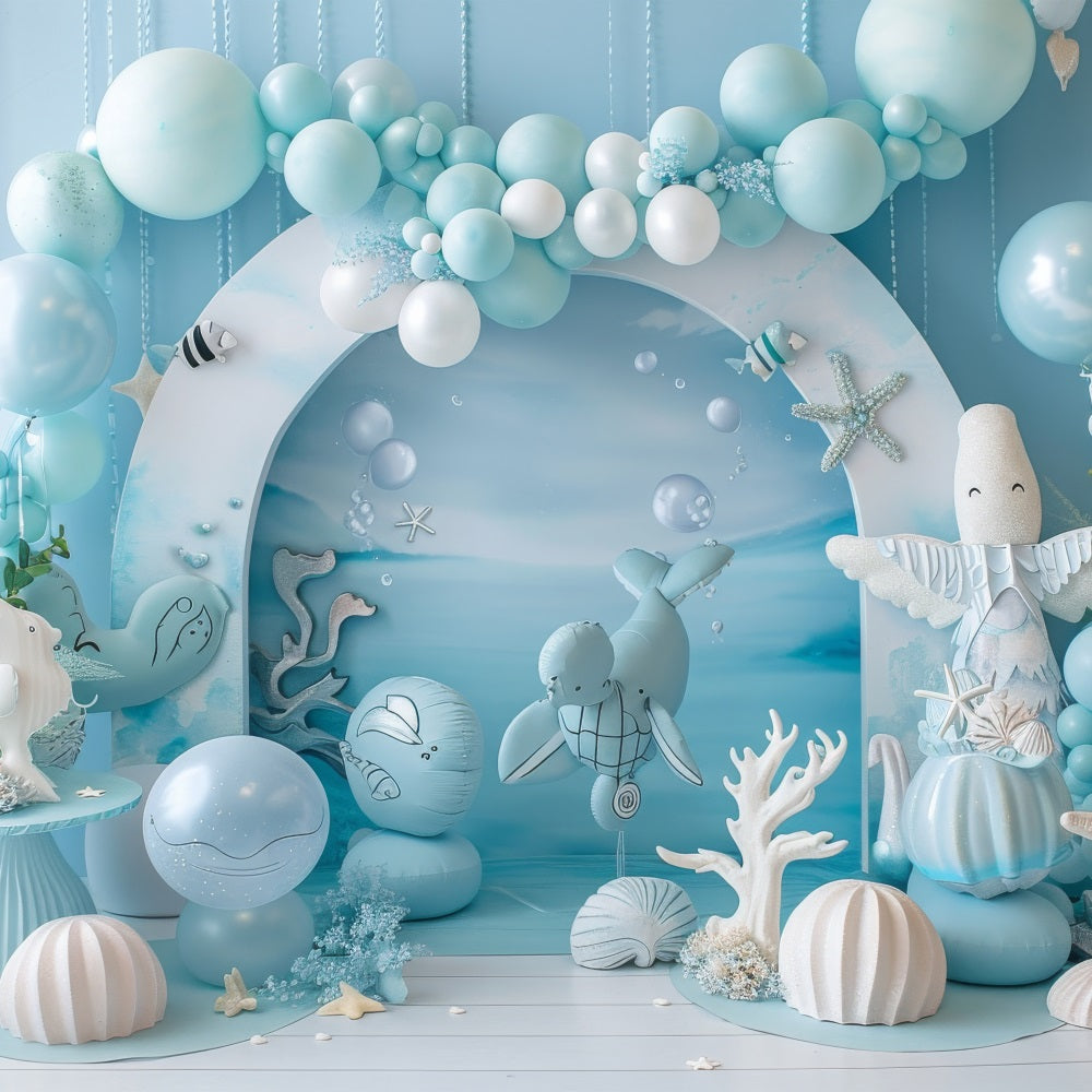 Mermaid Birthday Backdrop Oceanic Creatures Blue Balloon Backdrop BRP12-90