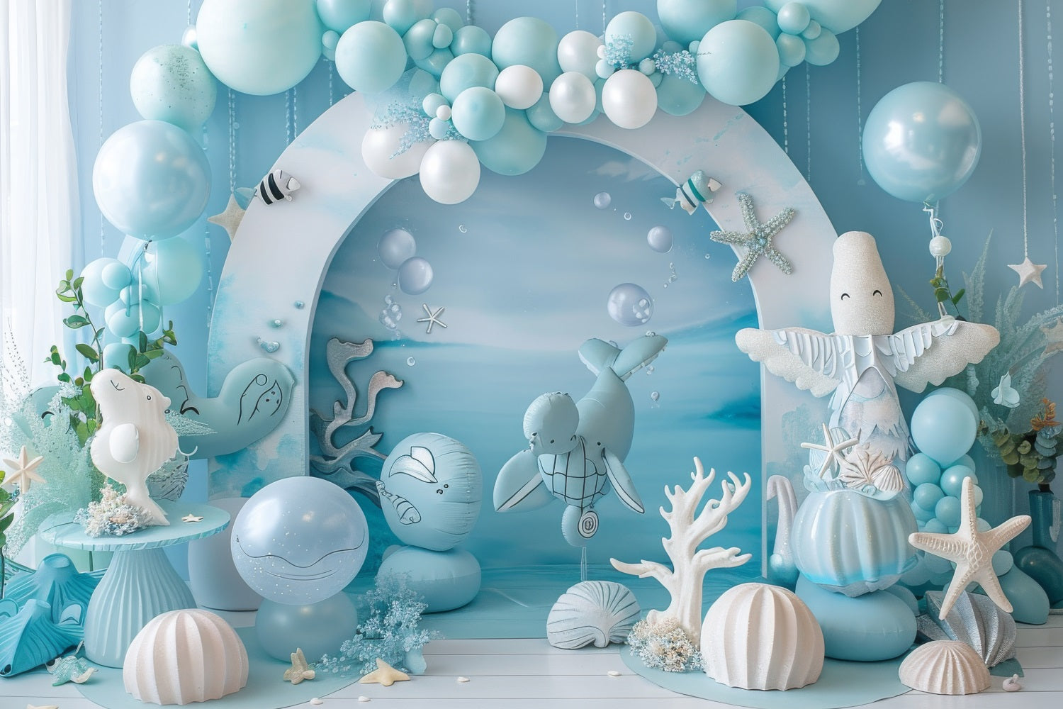 Mermaid Birthday Backdrop Oceanic Creatures Blue Balloon Backdrop BRP12-90