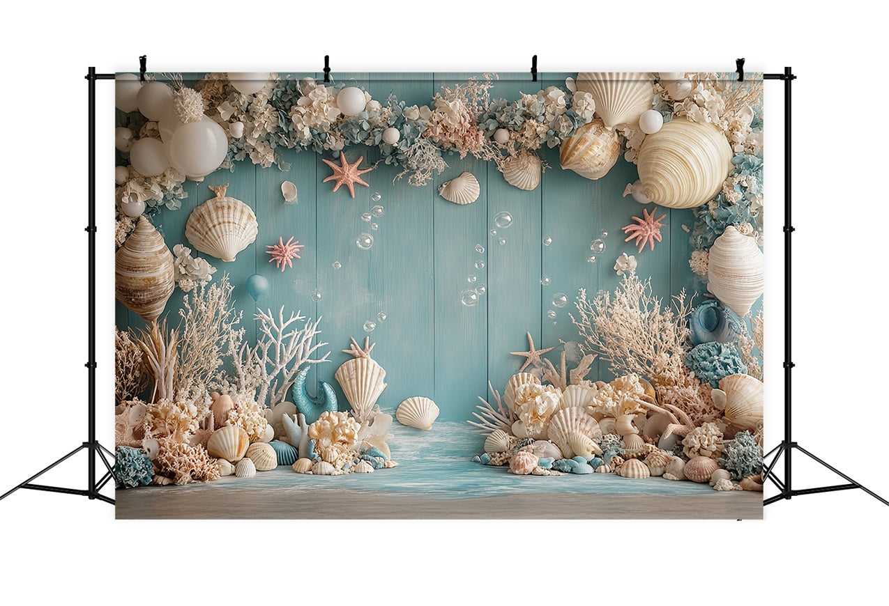 Mermaid Backdrop Oceanic Creatures Seashell Balloon Flower Backdrop BRP12-98