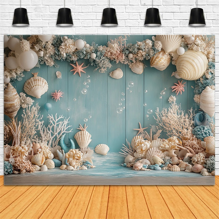 Mermaid Backdrop Oceanic Creatures Seashell Balloon Flower Backdrop BRP12-98