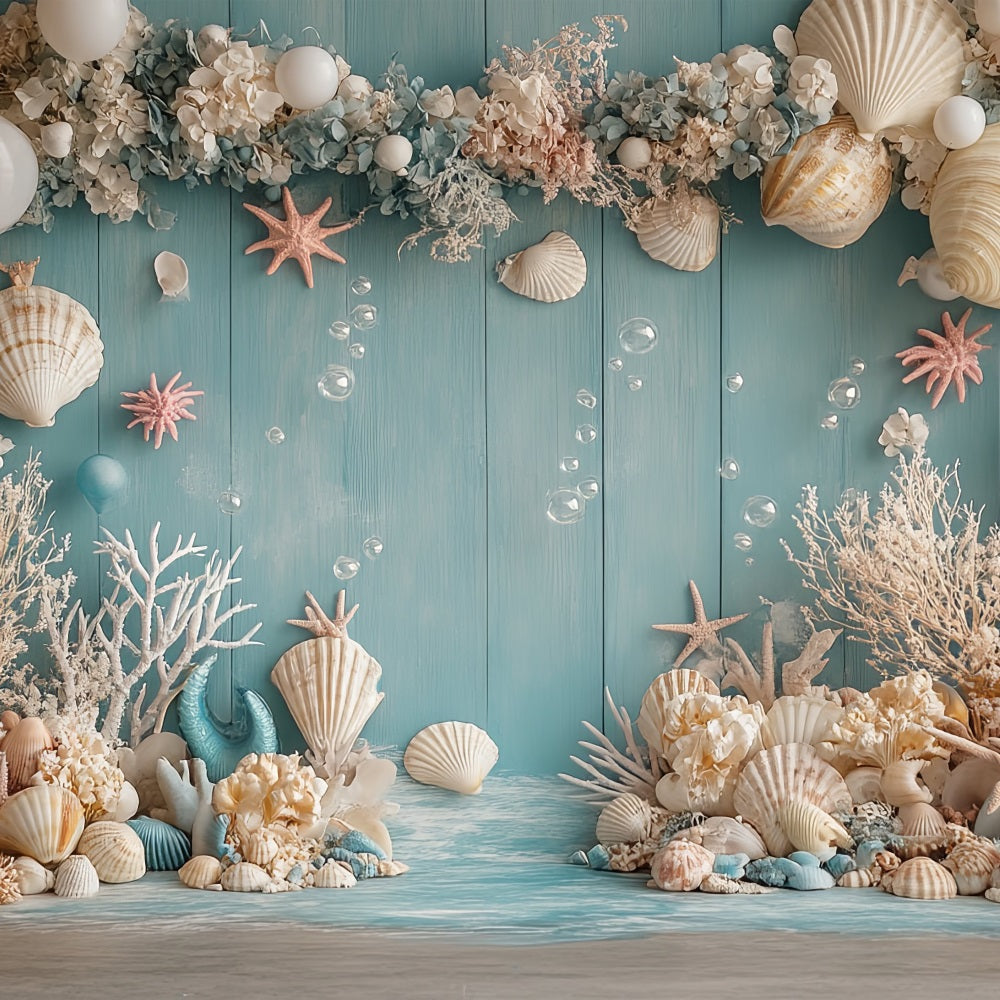 Mermaid Backdrop Oceanic Creatures Seashell Balloon Flower Backdrop BRP12-98