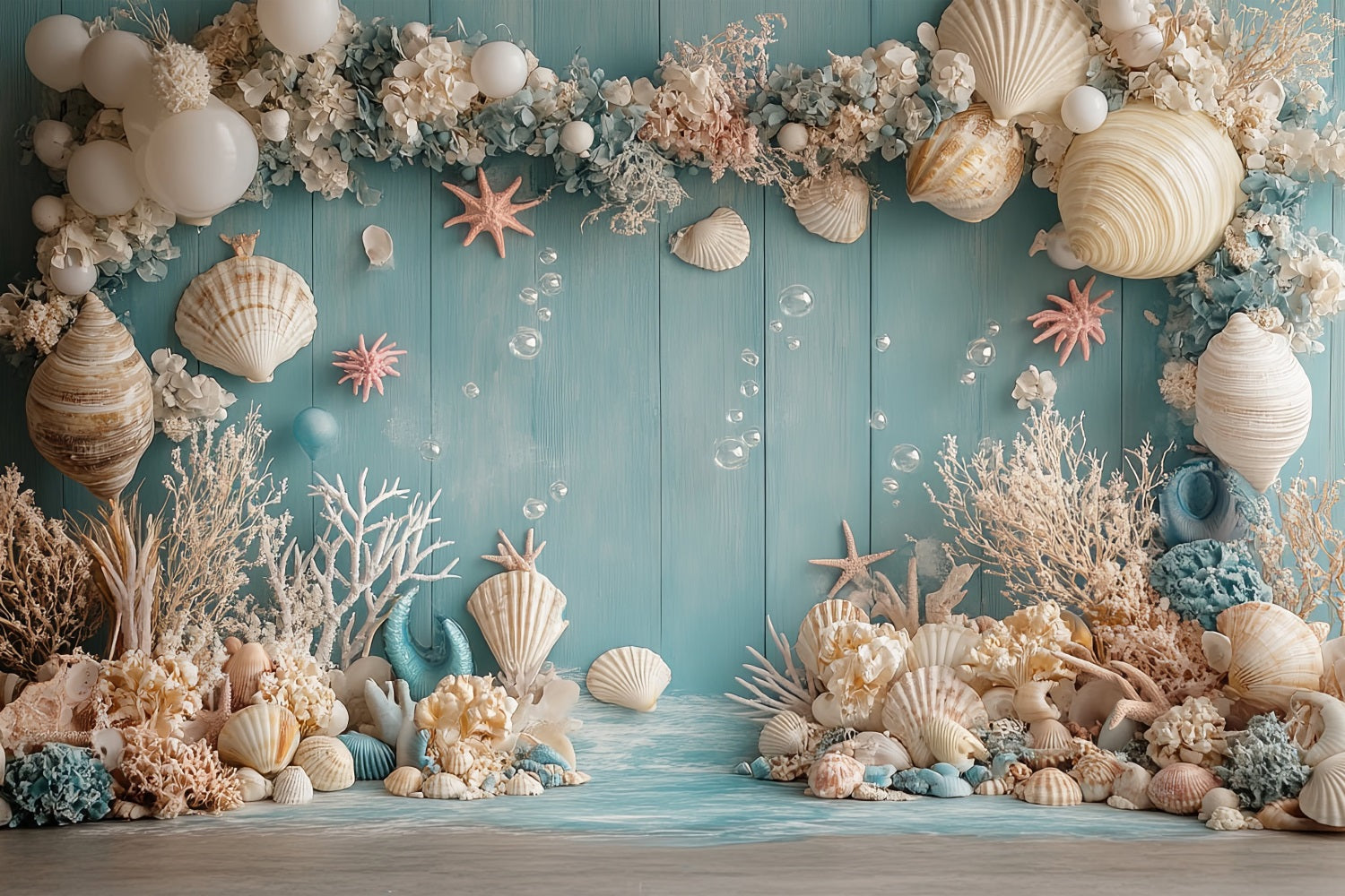 Mermaid Backdrop Oceanic Creatures Seashell Balloon Flower Backdrop BRP12-98