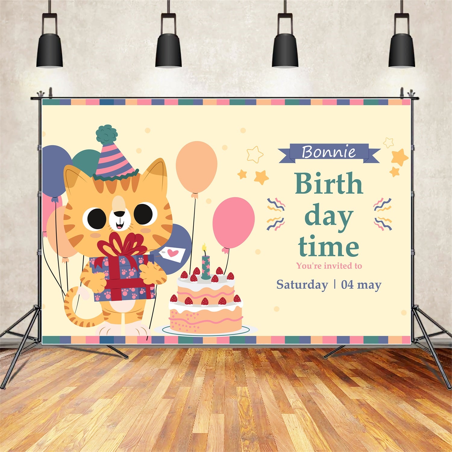 Custom Birthday Backdrop Cat Balloon Gift Party Backdrop BRP2-110